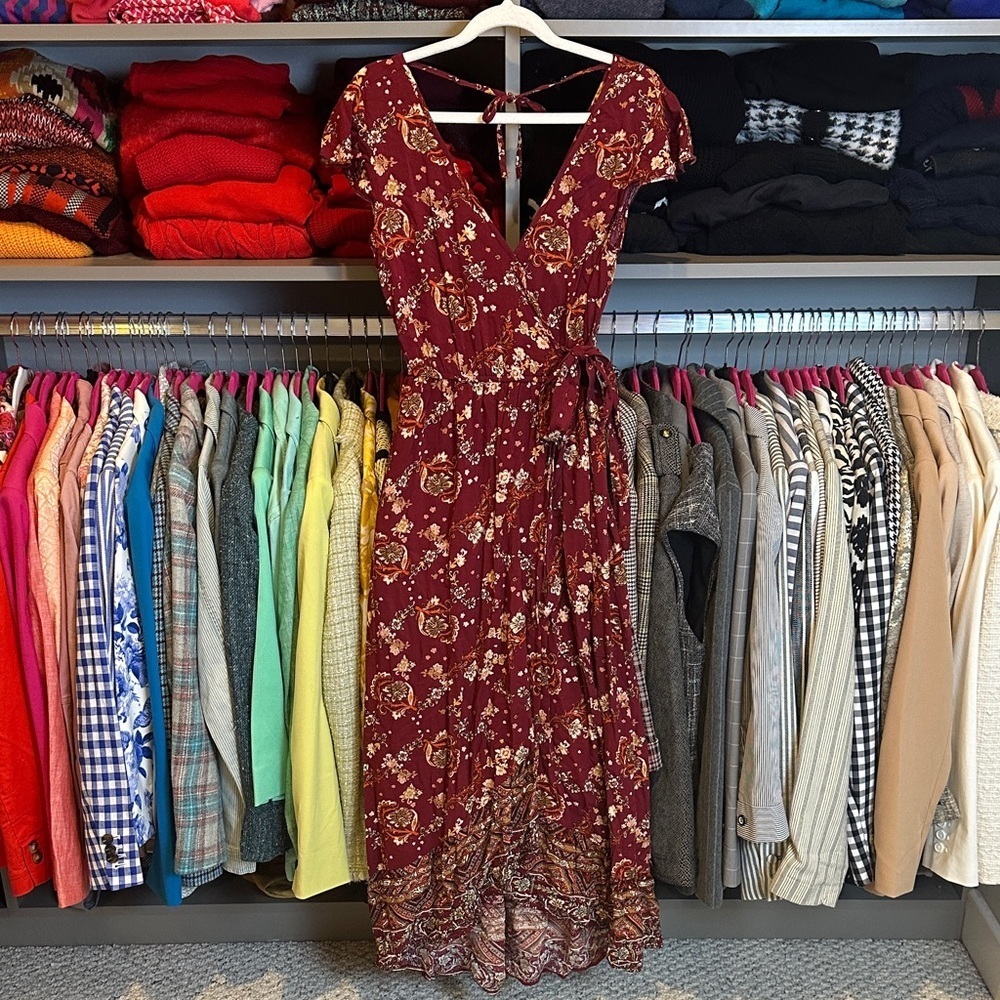 Band of Gypsies maroon/tan floral cap sleeve v neck faux midi wrap dress size XS